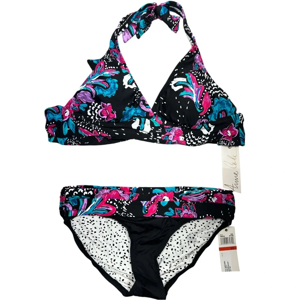 Anne Cole Floral Polka Dot‎ Black Pink Halter Top Two Piece Bikini Set Size XS